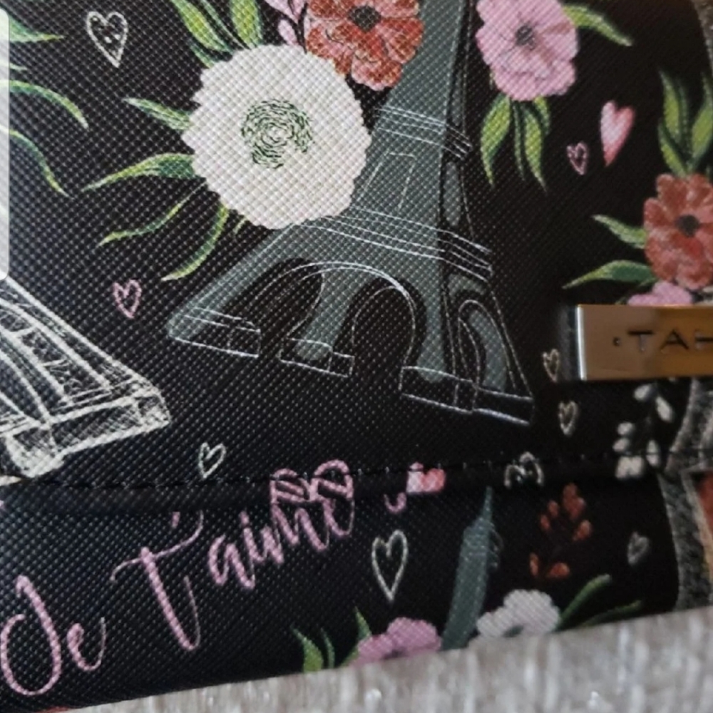 Tahari Trifold RFID Black Multicolor Wallet Floral Paris Scene NWT - Picture 5 of 11